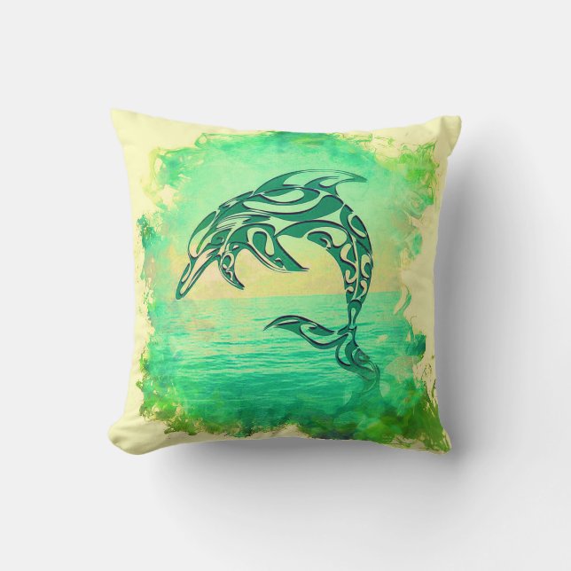 Green Dolphin Laughing and Leaping Cushion (Front)