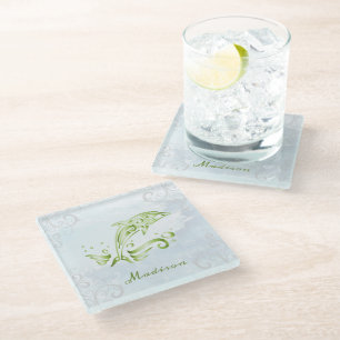 Green Dolphin Personalised Glass Coaster