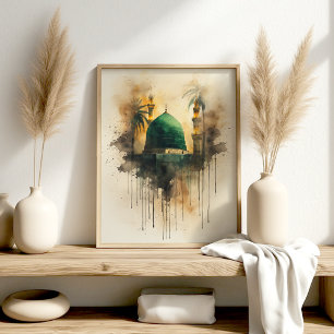 Green Dome Medina – Watercolor Islamic Art Poster