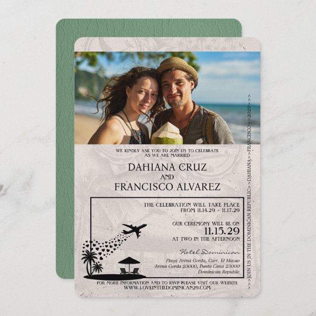 Green Dominican Republic Passport Wedding Invitation (Front/Back)