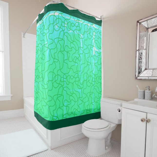 Green Doodle Pattern Shower Curtain (In Situ)
