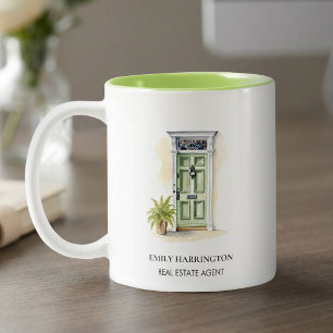 Green Door Watercolor Logo Real Estate Agent Two-Tone Coffee Mug