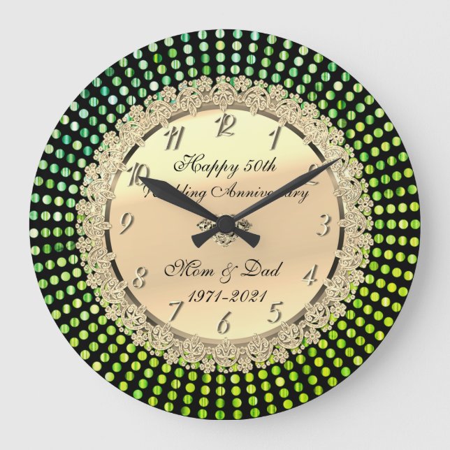Green Dots, Black 50th Wedding Anniversary Large Clock (Front)