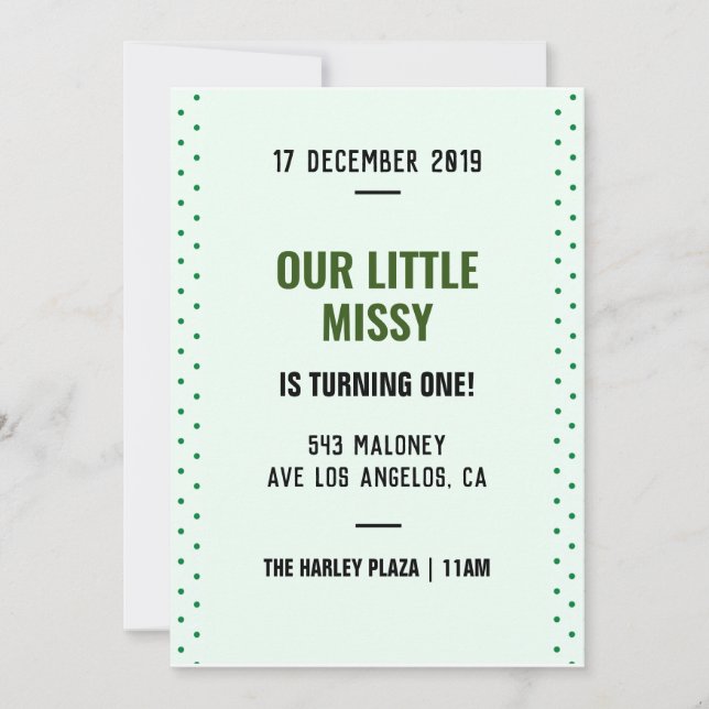Green Dots Simple Calligraphy 1st Birthday Invitation (Front)