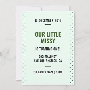 Green Dots Simple Calligraphy 1st Birthday Invitation