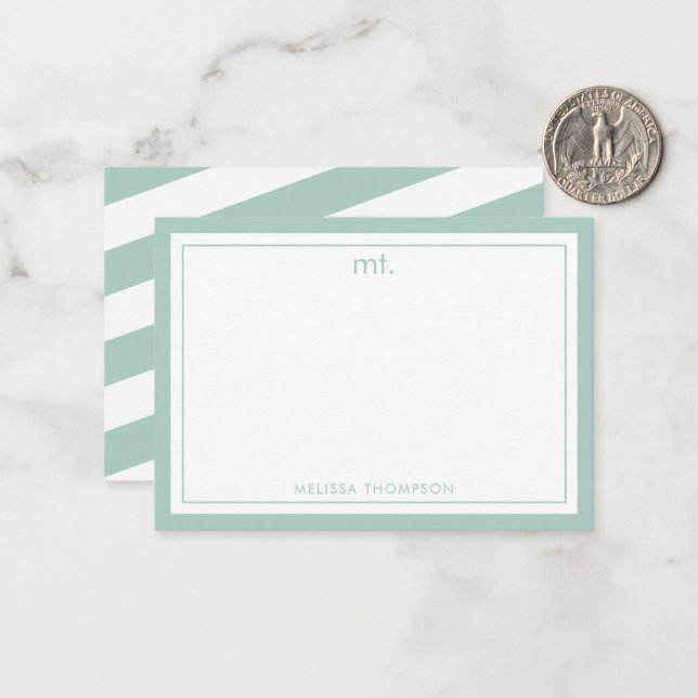Green Double Border Modern Monogram Striped Card (Front/Back In Situ)