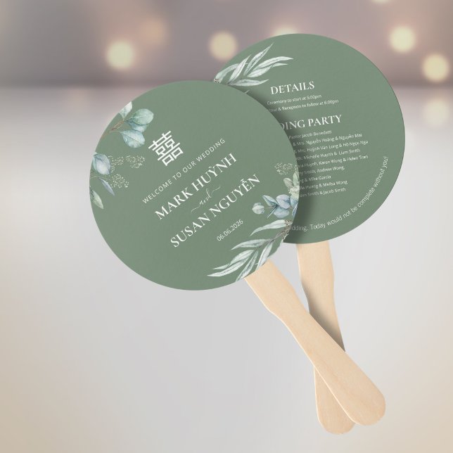 Green Double Happiness Wedding Program & Timeline Hand Fan (Creator Uploaded)
