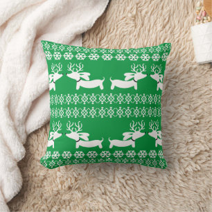 Green Doxie Christmas Pillow Fair Isle Reindeer