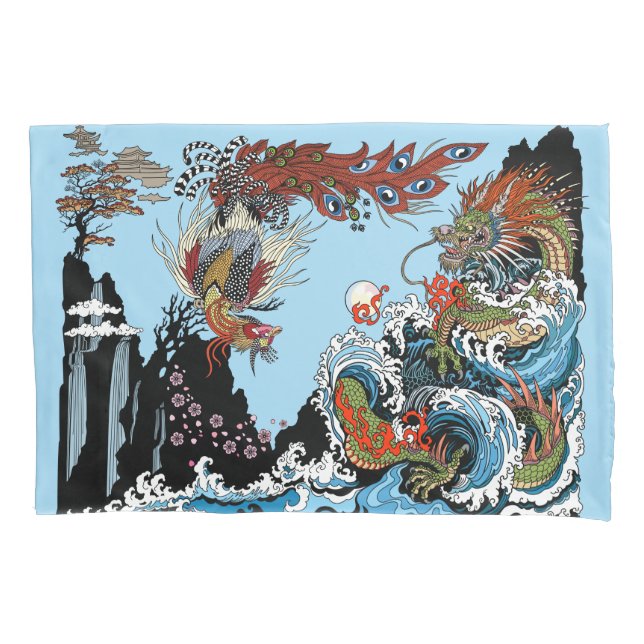 Green dragon and Feng Huang. Illustration Pillowcase (Front)