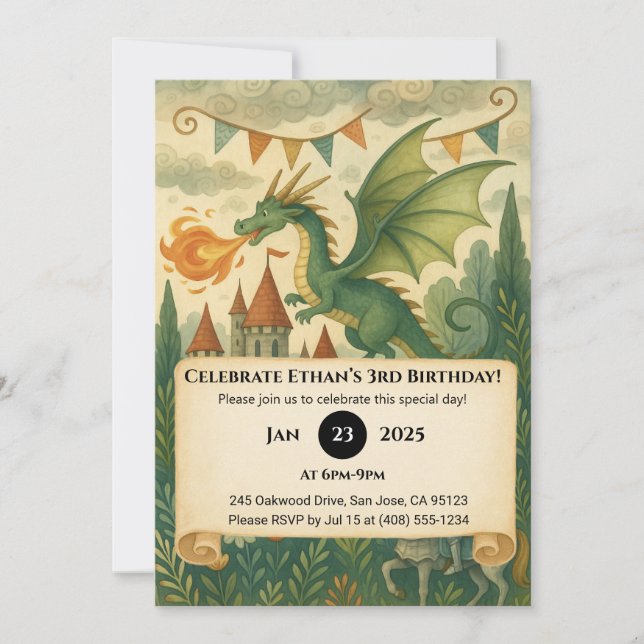 Green Dragon and Knight in Enchanted Birthday Invitation (Front)