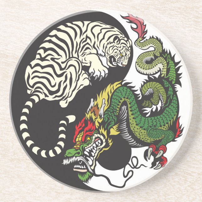 green dragon and white tiger yin yang symbol coaster (Front)