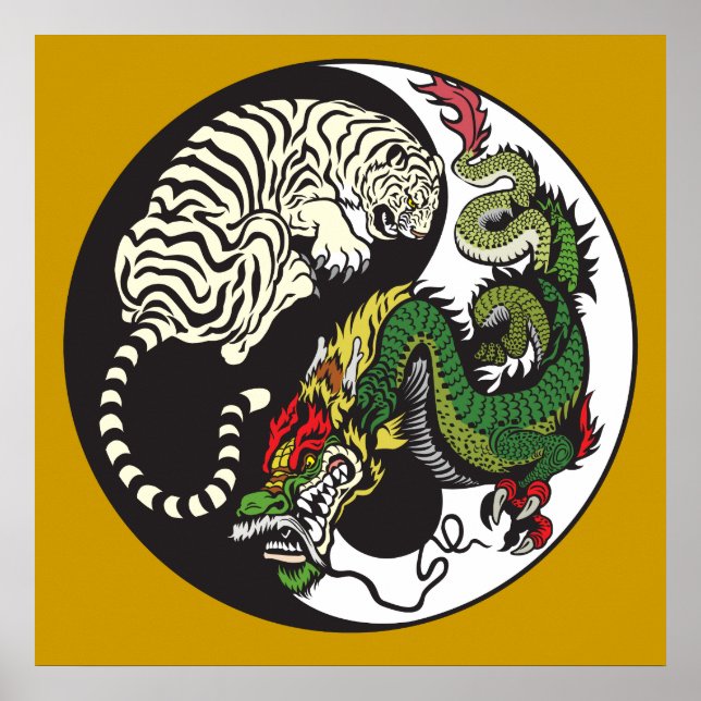 green dragon and white tiger yin yang symbol poster (Front)