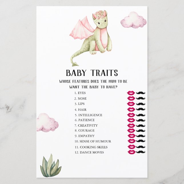 Green Dragon Baby Traits Baby Shower Game (Front)