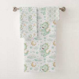 Green Dragon Baby Watercolor Personalised Name Bath Towel Set