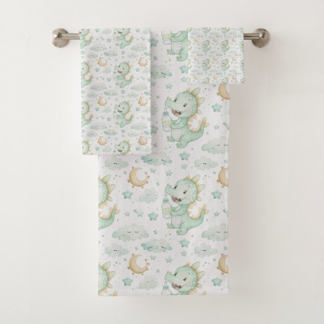 Green Dragon Baby Watercolor Personalised Name  Bath Towel Set (Insitu)
