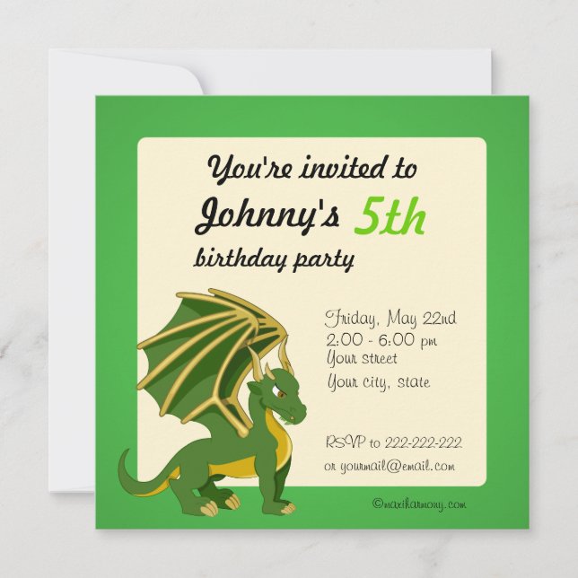Green dragon cartoon birthday print invitations (Front)