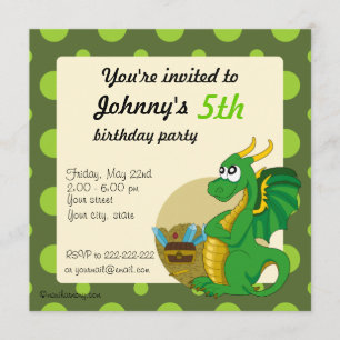 Green dragon cartoon birthday print invitations