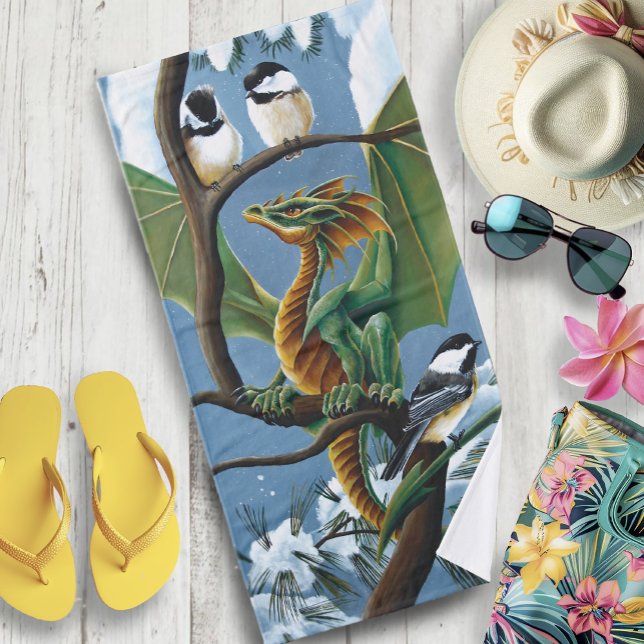 Green Dragon Chickadees Winter Bath Towel (Creator Uploaded)