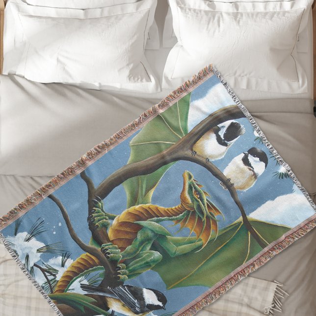 Green Dragon Chickadees Winter Throw Blanket (Creator Uploaded)
