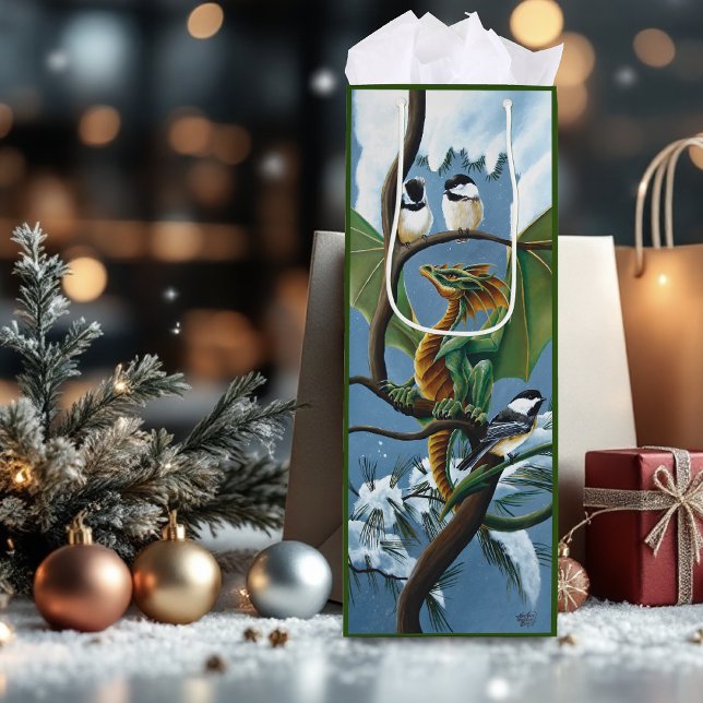 Green Dragon Chickadees Winter Wine Gift Bag (Creator Uploaded)
