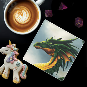Green Dragon Fantasy Glass Coaster