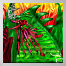 Green Dragon in Flames Fantasy Art