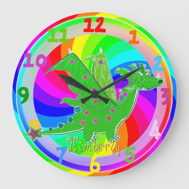 Green Dragon Kids Clock customisable Name Kimberly (Front)