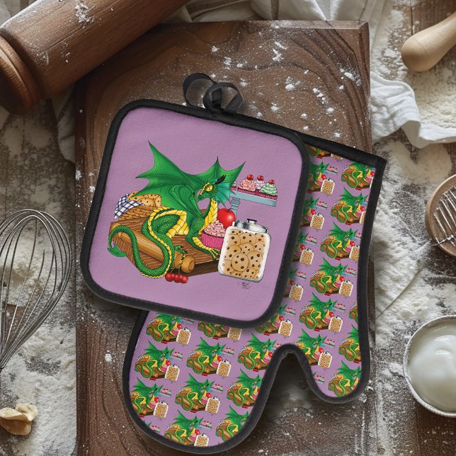 Green Dragon Pastry Chef Oven Mitt & Pot Holder Set (Creator Uploaded)