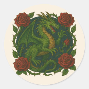 Green Dragon Red Roses                             Classic Round Sticker