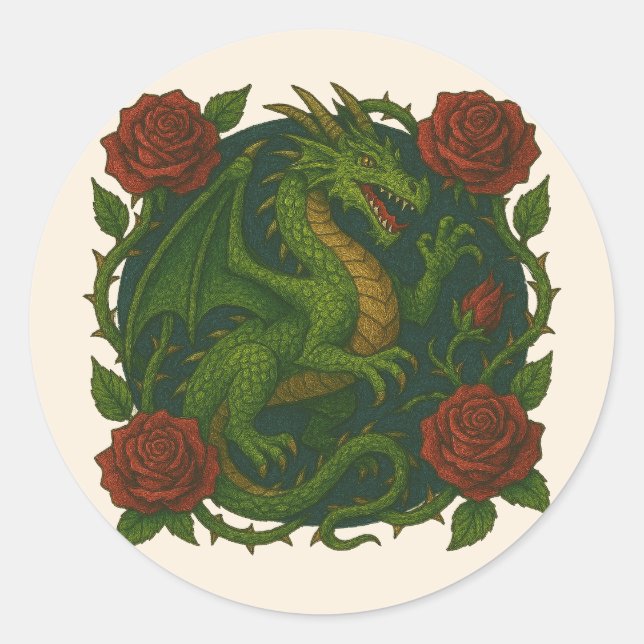 Green Dragon Red Roses                             Classic Round Sticker (Front)
