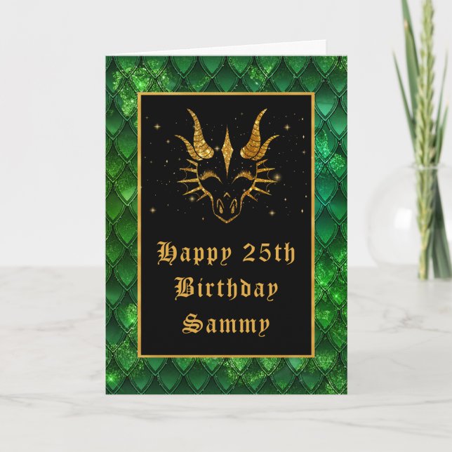 Green Dragon Scales Faux Glitter Happy Birthday Card (Front)