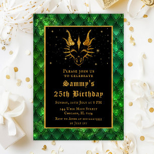 Green Dragon Scales Gold Faux Glitter Birthday Invitation