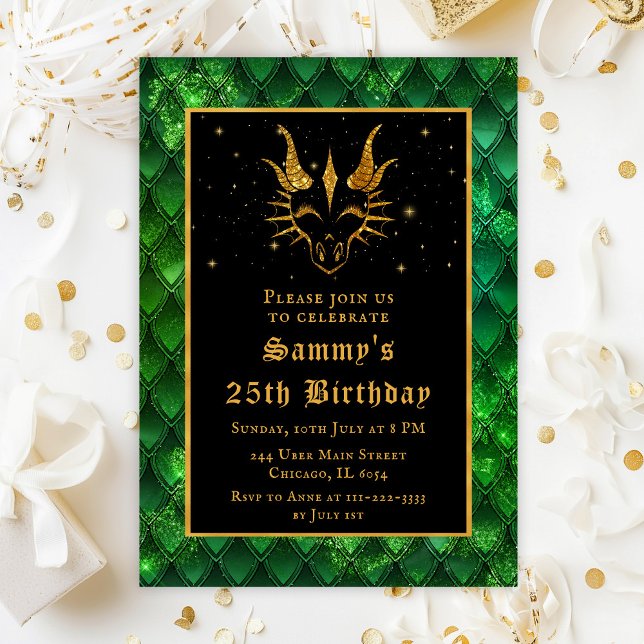 Green Dragon Scales Gold Faux Glitter Birthday Invitation (Creator Uploaded)