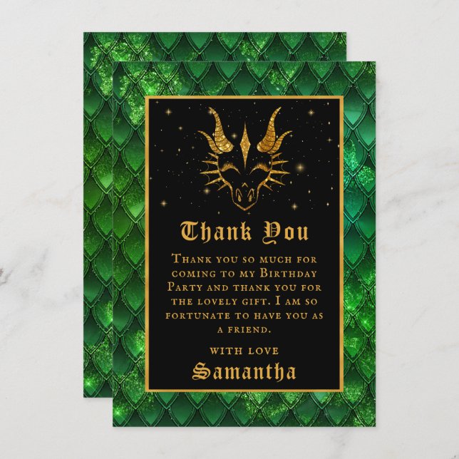 Green Dragon Scales Gold Faux Glitter Birthday Thank You Card (Front/Back)