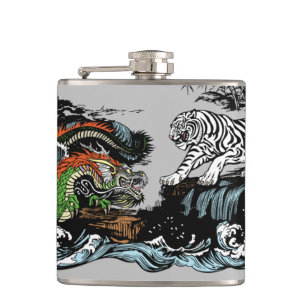 Green Dragon versus White Tiger Hip Flask