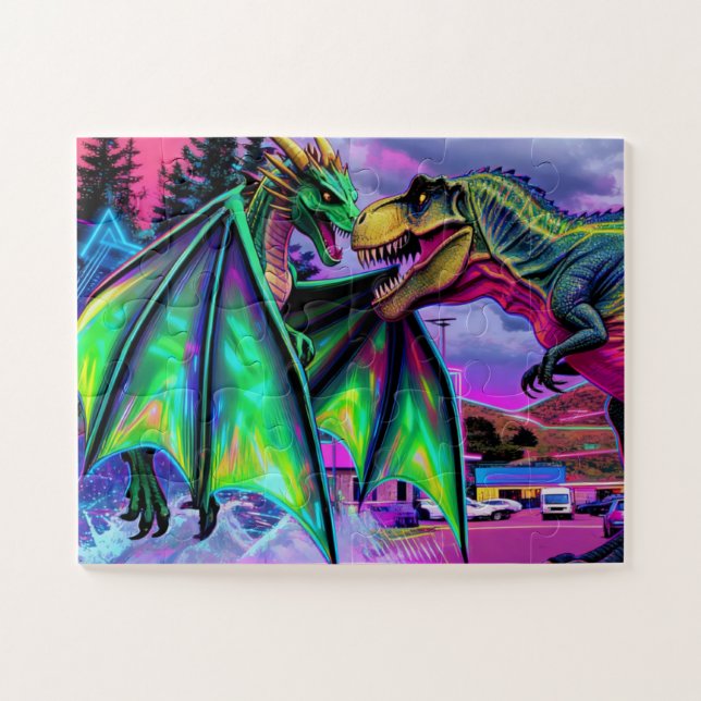 Green Dragon vs Dinosaur Jigsaw Puzzle (Horizontal)