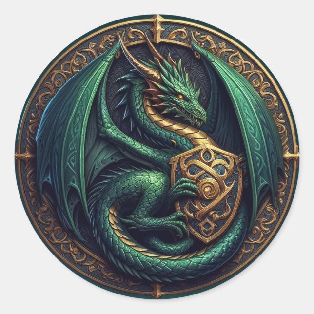 Green Dragon w/ Shield Classic Round Sticker (Front)