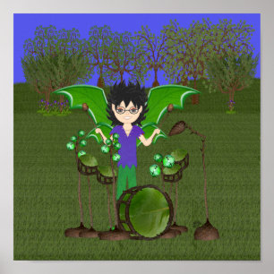 Green Dragon Winged Drummer Boy Faerie Poster