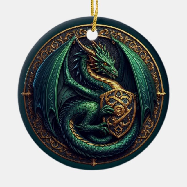Green Dragon with Shield Ceramic Ornament (Front)