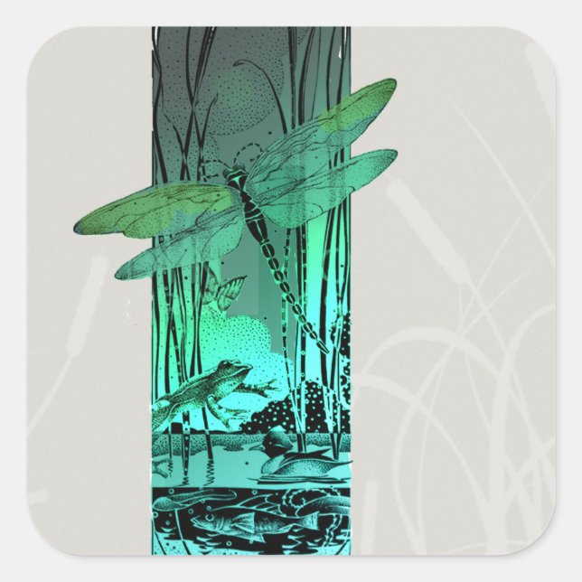 Green Dragonfly and Frog in the Pond Square Sticker (Front)