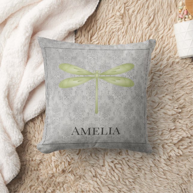 Green Dragonfly Damask Throw Pillow (Blanket)