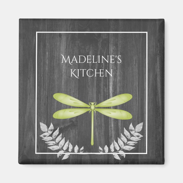 Green Dragonfly Rustic Magnet (Front)