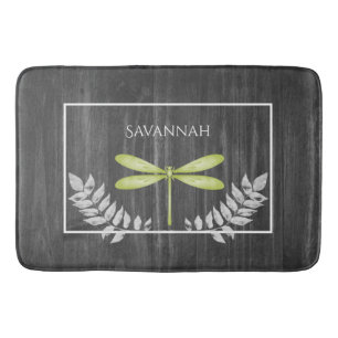 Green Dragonfly Rustic Personalised Bath Mat