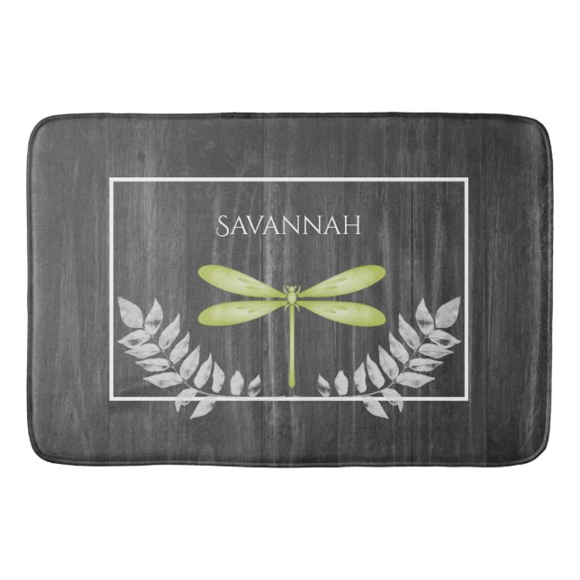 Green Dragonfly Rustic Personalised Bath Mat (Front)