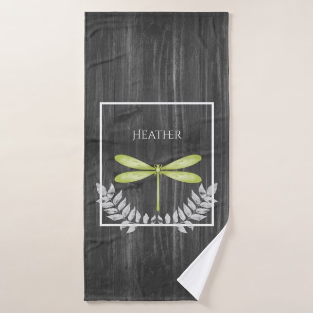 Green Dragonfly Rustic Personalised Bath Towel Set (Bath Towel)