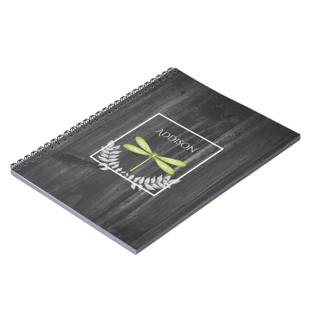 Green Dragonfly Rustic Personalised Notebook (Left Side)