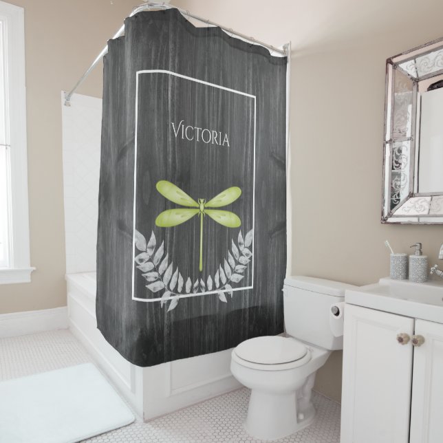 Green Dragonfly Rustic Personalised Shower Curtain (In Situ)