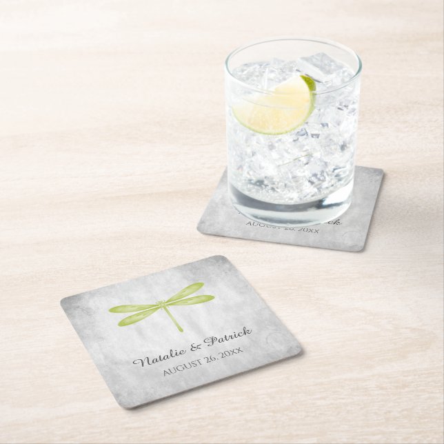 Green Dragonfly Wedding Paper Coasters (Insitu)