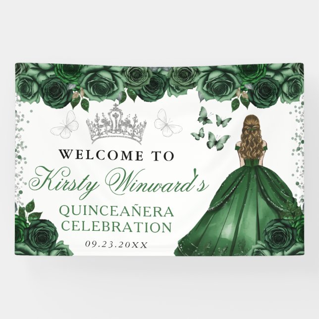 Green Dress Blonde Princess Floral Quinceanera Banner (Horizontal)