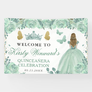 Green Dress Blonde Princess Floral Quinceanera Banner